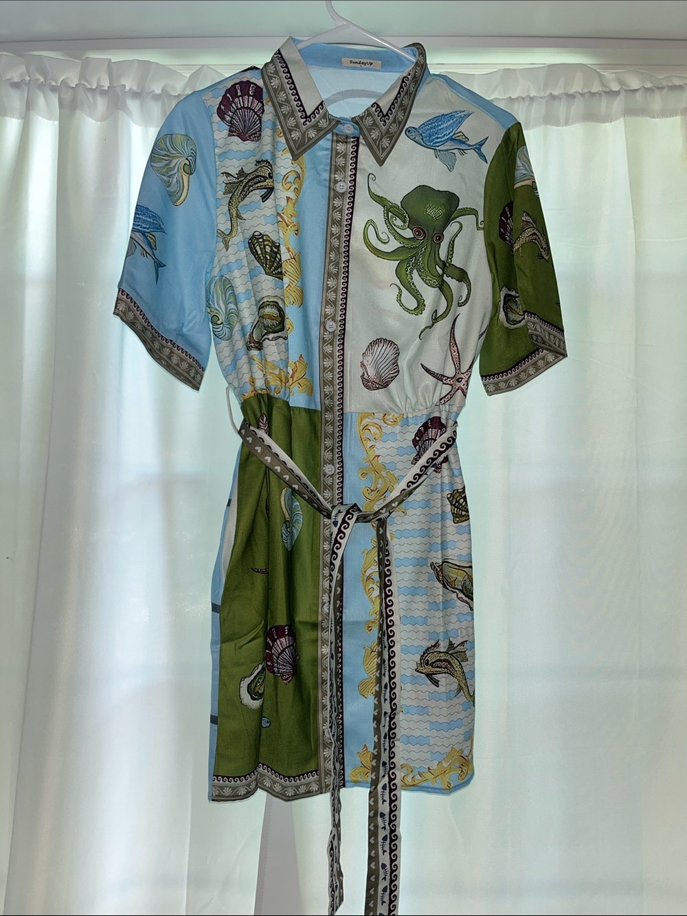 Sea Life Shirt Dress with Belt - Blue & Green
